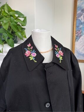 Black Trench Coat with Pink & Blue Floral Embroidered Collar